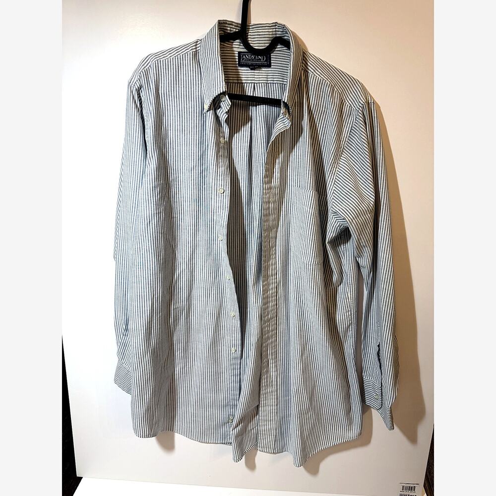 Vintage Lands' End Shirt Mens Large 15.5-33 Blue Stripe Button Down